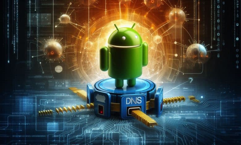 Android logosu ve DNS simgelerini gösteren konsept çizim