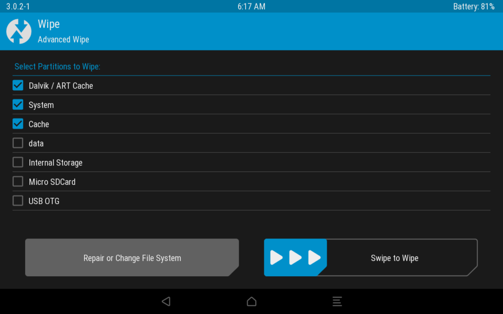 TWRP'nin advanced wipe ekranı